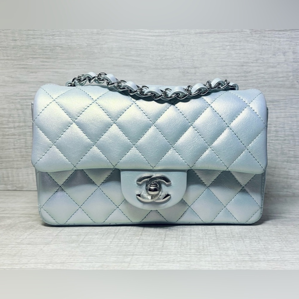 ♥️SOLD♥️ CHANEL 21K Mini Rectangular Flap Bag Iridescent Blue Calfskin Leather